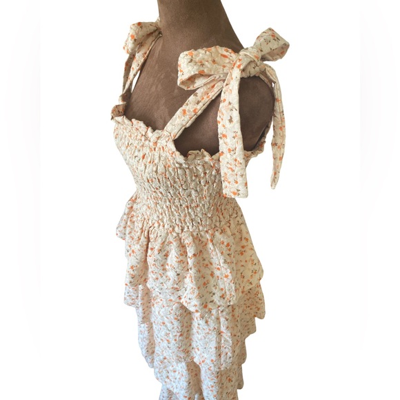 Just Me Cottagecore Fairy Floral Tiered Maxi Dress Smocked Tie Straps Small - Picture 8 of 12